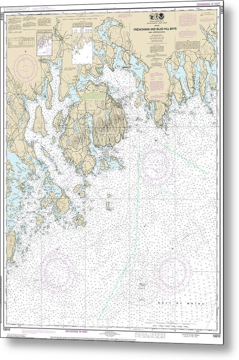 A beuatiful Metal Print of the Nautical Chart-13312 Frenchman-Blue Hill Bays-Approaches - Metal Print by SeaKoast.  100% Guarenteed!