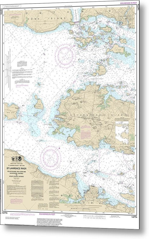 A beuatiful Metal Print of the Nautical Chart-14774 Round I, Ny,-Gananoque, Ont,-Wolfe I, Ont - Metal Print by SeaKoast.  100% Guarenteed!