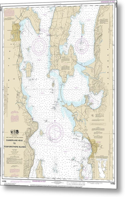 A beuatiful Metal Print of the Nautical Chart-14782 Cumberland Head-Four Brothers Islands - Metal Print by SeaKoast.  100% Guarenteed!