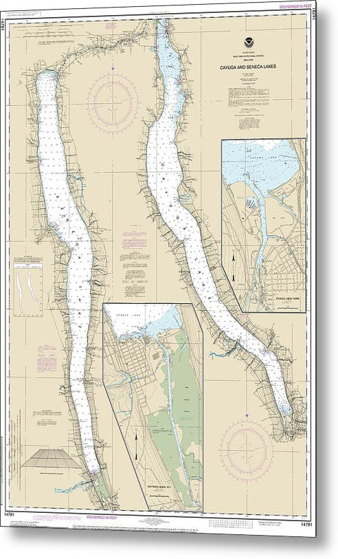 A beuatiful Metal Print of the Nautical Chart-14791 Cayuga-Seneca Lakes, Watkins Glen, Ithaca - Metal Print by SeaKoast.  100% Guarenteed!