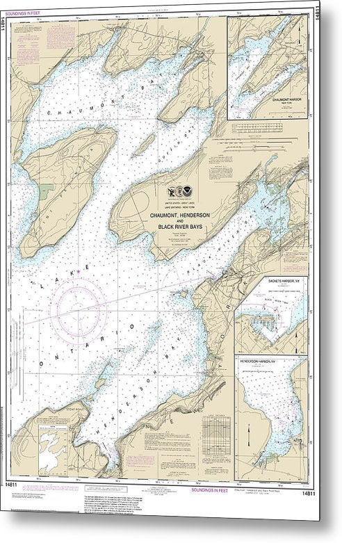 A beuatiful Metal Print of the Nautical Chart-14811 Chaumont, Henderson-Black River Bays, Sackets Harbor, Henderson Harbor, Chaumont Harbor - Metal Print by SeaKoast.  100% Guarenteed!