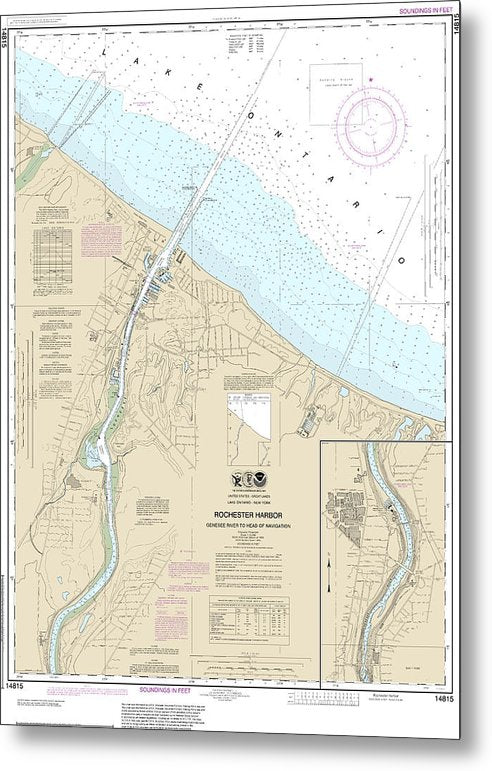 A beuatiful Metal Print of the Nautical Chart-14815 Rochester Harbor, Including Genessee River-Head-Navigation - Metal Print by SeaKoast.  100% Guarenteed!