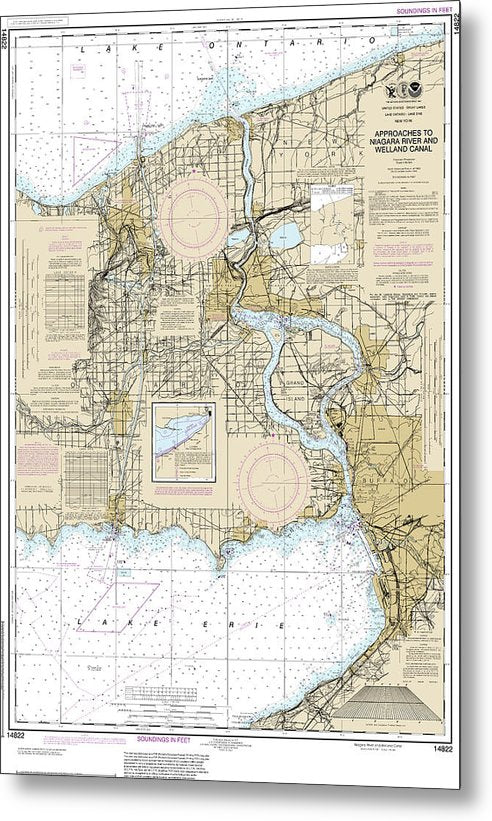 A beuatiful Metal Print of the Nautical Chart-14822 Approaches-Niagara River-Welland Canal - Metal Print by SeaKoast.  100% Guarenteed!