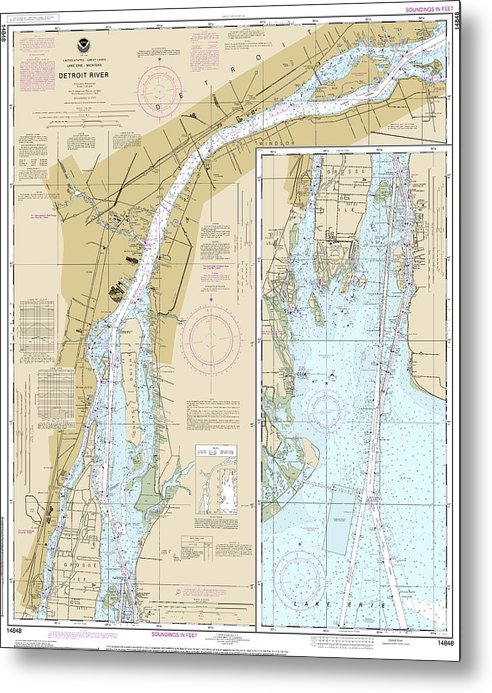 A beuatiful Metal Print of the Nautical Chart-14848 Detroit River - Metal Print by SeaKoast.  100% Guarenteed!