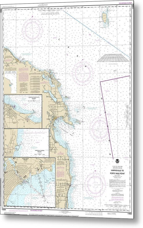A beuatiful Metal Print of the Nautical Chart-14864 Harrisville-Forty Mile Point, Harrisville Harbor, Alpena, Rogers City-Calcite - Metal Print by SeaKoast.  100% Guarenteed!