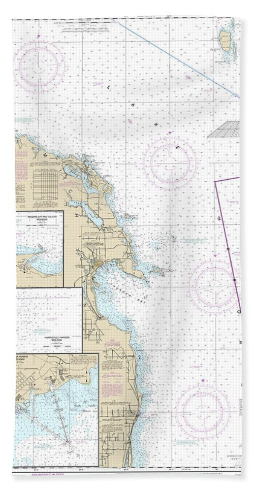Nautical Chart-14864 Harrisville-forty Mile Point, Harrisville Harbor, Alpena, Rogers City-calcite - Bath Towel