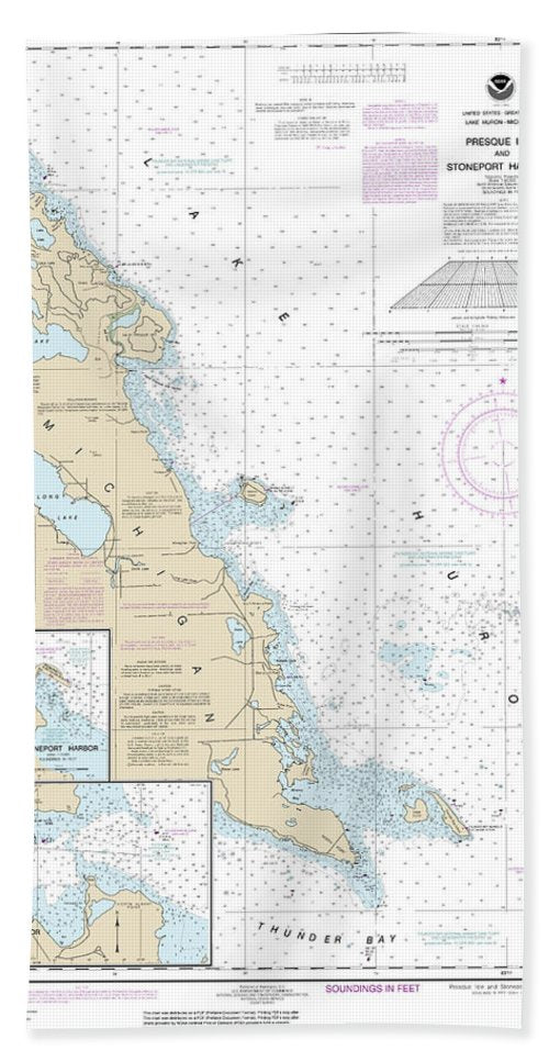 Nautical Chart-14869 Thunder Bay Island-presque Isle, Stoneport Harbor, Resque Isle Harbor - Bath Towel