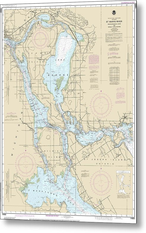 A beuatiful Metal Print of the Nautical Chart-14883 St Marys River - Munuscong Lake-Sault Ste Marie - Metal Print by SeaKoast.  100% Guarenteed!