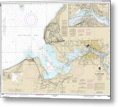 A beuatiful Metal Print of the Nautical Chart-14884 St Marys River - Head-Lake Nicolet-Whitefish Bay, Sault Ste Marie - Metal Print by SeaKoast.  100% Guarenteed!