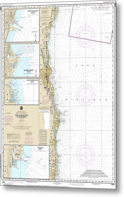 A beuatiful Metal Print of the Nautical Chart-14904 Port Washington-Waukegan, Kenosha, North Point Marina, Port Washington, Waukegan - Metal Print by SeaKoast.  100% Guarenteed!