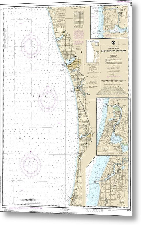 A beuatiful Metal Print of the Nautical Chart-14906 South Haven-Stony Lake, South Haven, Port Sheldon, Saugatuck Harbor - Metal Print by SeaKoast.  100% Guarenteed!