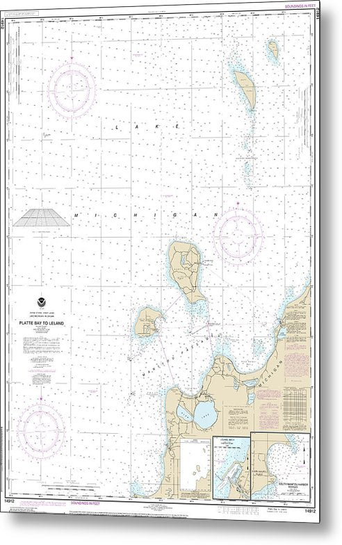A beuatiful Metal Print of the Nautical Chart-14912 Platte Bay-Leland, Leland, South Manitou Harbor - Metal Print by SeaKoast.  100% Guarenteed!