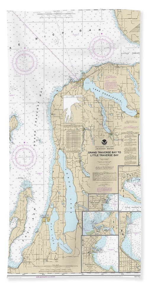 Nautical Chart-14913 Grand Traverse Bay-little Traverse Bay, Harobr Springs, Petoskey, Elk Rapids, Suttons Bay, Northport, Traverse City - Bath Towel