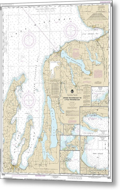 A beuatiful Metal Print of the Nautical Chart-14913 Grand Traverse Bay-Little Traverse Bay, Harobr Springs, Petoskey, Elk Rapids, Suttons Bay, Northport, Traverse City - Metal Print by SeaKoast.  100% Guarenteed!