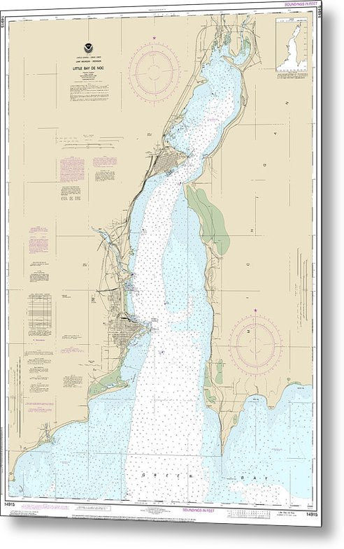 A beuatiful Metal Print of the Nautical Chart-14915 Little Bay De Noc - Metal Print by SeaKoast.  100% Guarenteed!