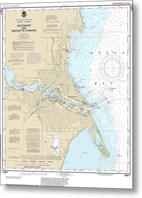 A beuatiful Metal Print of the Nautical Chart-14917 Menominee-Marinette Harbors - Metal Print by SeaKoast.  100% Guarenteed!
