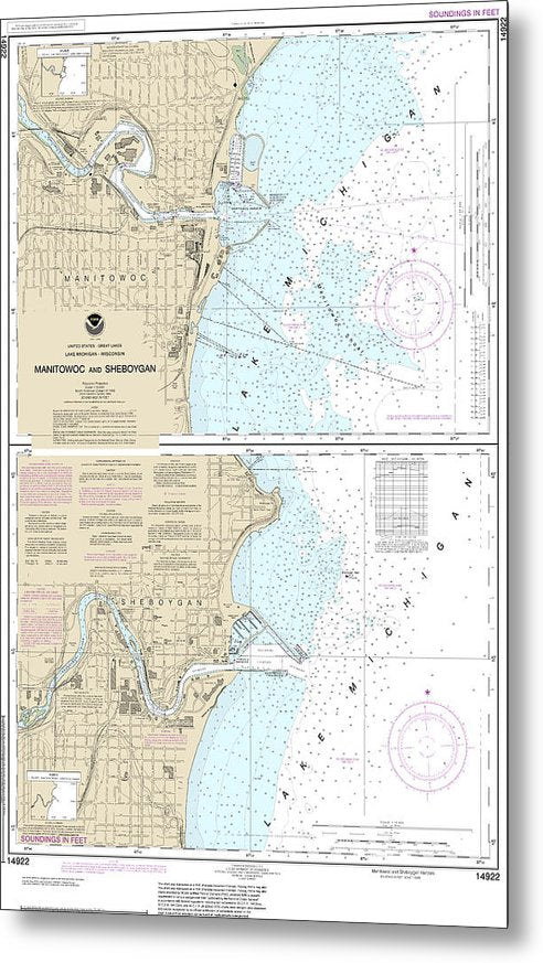 A beuatiful Metal Print of the Nautical Chart-14922 Manitowoc-Sheboygan - Metal Print by SeaKoast.  100% Guarenteed!