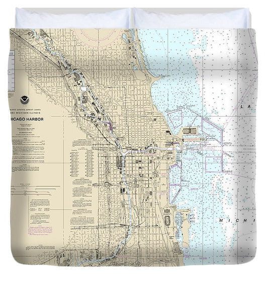 Nautical Chart 14928 Chicago Harbor Duvet Cover
