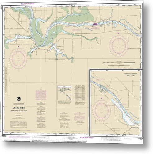 A beuatiful Metal Print of the Nautical Chart-14931 Grand River From Dermo Bayou-Bass River - Metal Print by SeaKoast.  100% Guarenteed!