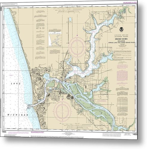 A beuatiful Metal Print of the Nautical Chart-14933 Grand Haven, Including Spring Lake-Lower Grand River - Metal Print by SeaKoast.  100% Guarenteed!