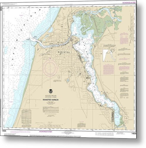 A beuatiful Metal Print of the Nautical Chart-14938 Manistee Harbor-Manistee Lake - Metal Print by SeaKoast.  100% Guarenteed!