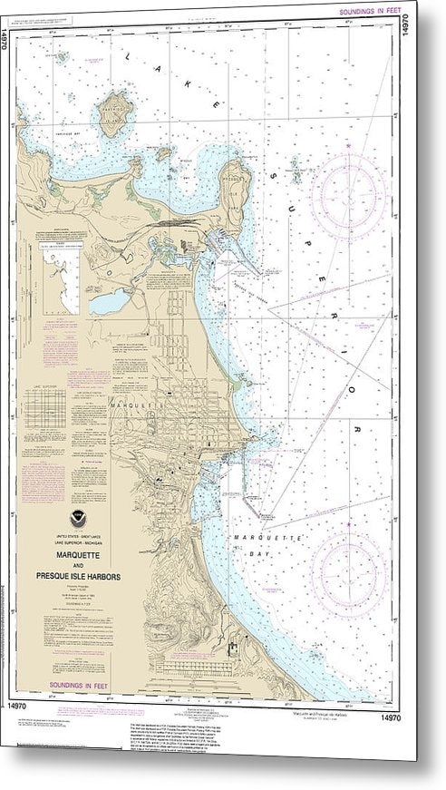 A beuatiful Metal Print of the Nautical Chart-14970 Marquette-Presque Isle Harbors - Metal Print by SeaKoast.  100% Guarenteed!
