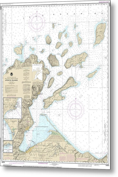 A beuatiful Metal Print of the Nautical Chart-14973 Apostle Islands, Including Chequamegan Bay, Bayfield Harbor, Pikes Bay Harbor, La Pointe Harbor - Metal Print by SeaKoast.  100% Guarenteed!