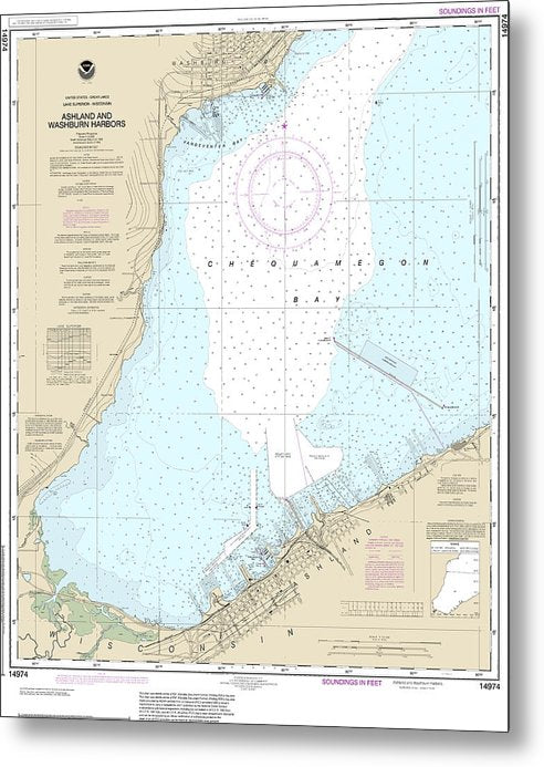 A beuatiful Metal Print of the Nautical Chart-14974 Ashland-Washburn Harbors - Metal Print by SeaKoast.  100% Guarenteed!