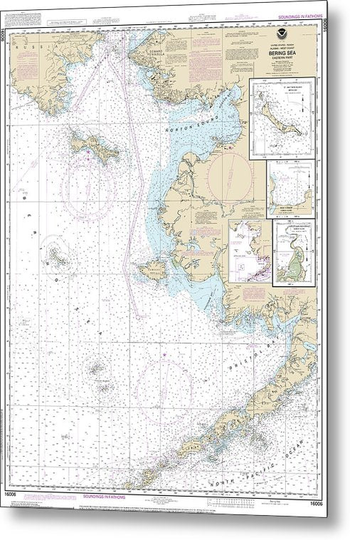 A beuatiful Metal Print of the Nautical Chart-16006 Bering Sea-Eastern Part, St Matthew Island, Bering Sea, Cape Etolin, Achorage, Nunivak Island - Metal Print by SeaKoast.  100% Guarenteed!