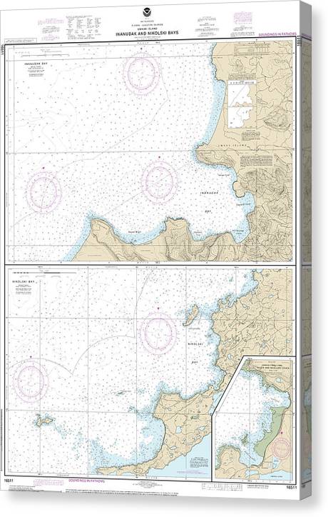Nautical Chart-16511 Inanudak Bay-Nikolski Bay, Umnak L, River-Mueller Coves Canvas Print