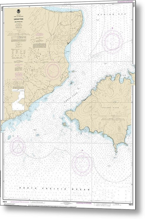 A beuatiful Metal Print of the Nautical Chart-16513 Unalaska Island Umnak Pass-Approaches - Metal Print by SeaKoast.  100% Guarenteed!