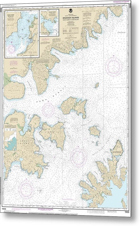A beuatiful Metal Print of the Nautical Chart-16553 Shumagin Islands-Nagai I-Unga I, Delarof Harbor, Popof Strait, Northern Part - Metal Print by SeaKoast.  100% Guarenteed!