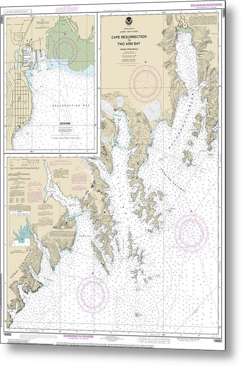 A beuatiful Metal Print of the Nautical Chart-16682 Cape Resurrection-Two Arm Bay, Seward - Metal Print by SeaKoast.  100% Guarenteed!