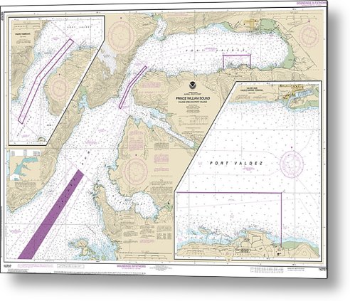 A beuatiful Metal Print of the Nautical Chart-16707 Prince William Sound-Valdez Arm-Port Valdez, Valdez Narrows, Valdez-Valdez Marine Terminal - Metal Print by SeaKoast.  100% Guarenteed!