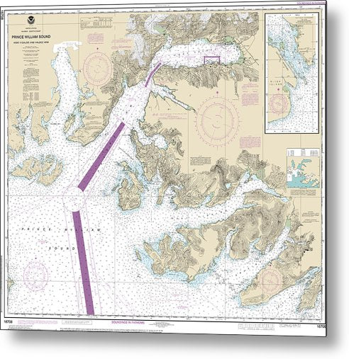 A beuatiful Metal Print of the Nautical Chart-16708 Prince William Sound-Port Fidalgo-Valdez Arm, Tatitlek Narrows - Metal Print by SeaKoast.  100% Guarenteed!
