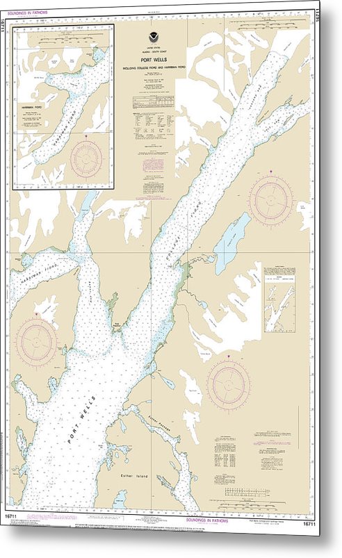 A beuatiful Metal Print of the Nautical Chart-16711 Port Wells, Including College Fiord-Harriman Fiord - Metal Print by SeaKoast.  100% Guarenteed!