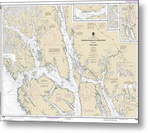 A beuatiful Metal Print of the Nautical Chart-17300 Stephens Passage-Cross Sound, Including Lynn Canal - Metal Print by SeaKoast.  100% Guarenteed!
