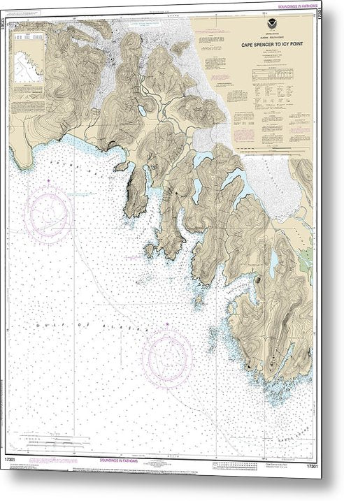 A beuatiful Metal Print of the Nautical Chart-17301 Cape Spencer-Icy Point - Metal Print by SeaKoast.  100% Guarenteed!