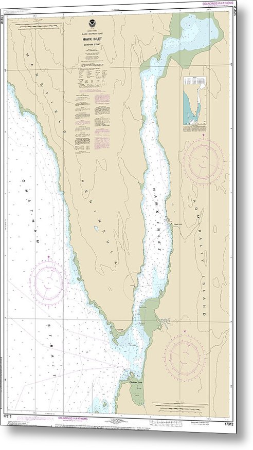 A beuatiful Metal Print of the Nautical Chart-17312 Hawk Inlet, Chatham Strait - Metal Print by SeaKoast.  100% Guarenteed!