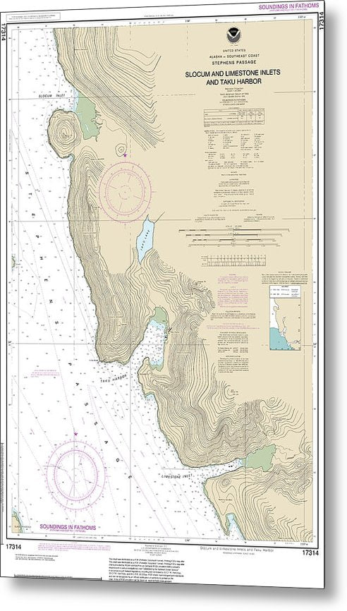 A beuatiful Metal Print of the Nautical Chart-17314 Slocum-Limestone Inlets-Taku Harbor - Metal Print by SeaKoast.  100% Guarenteed!