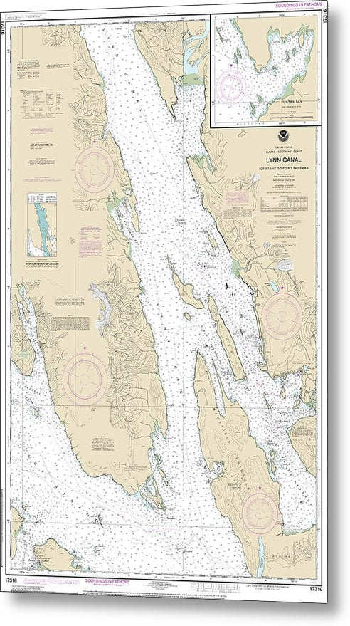 A beuatiful Metal Print of the Nautical Chart-17316 Lynn Canal-Icy Str-Point Sherman, Funter Bay, Chatham Strait - Metal Print by SeaKoast.  100% Guarenteed!