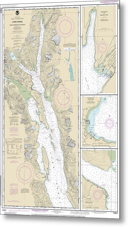 A beuatiful Metal Print of the Nautical Chart-17317 Lynn Canal-Point Sherman-Skagway, Lutak Inlet, Skagway-Nahku Bay, Portage Cove, Chilkoot Inlet - Metal Print by SeaKoast.  100% Guarenteed!