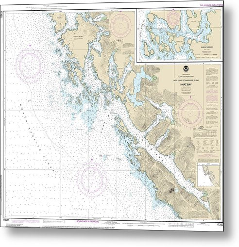 A beuatiful Metal Print of the Nautical Chart-17322 Khaz Bay, Chichagof Island Elbow Passage - Metal Print by SeaKoast.  100% Guarenteed!