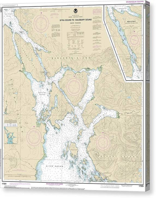 Nautical Chart-17324 Sitka Sound-Salisbury Sound, Inside Passage, Neva Str-Neva Pt-Zeal Pt Canvas Print