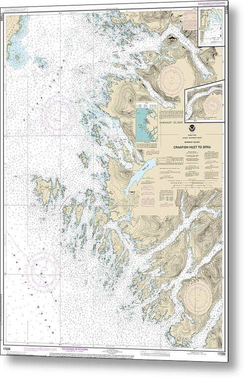 A beuatiful Metal Print of the Nautical Chart-17326 Crawfish Inlet-Sitka, Baranof I, Sawmill Cove - Metal Print by SeaKoast.  100% Guarenteed!