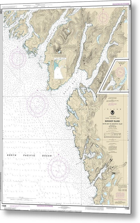 A beuatiful Metal Print of the Nautical Chart-17328 Snipe Bay-Crawfish Inlet,Baranof L - Metal Print by SeaKoast.  100% Guarenteed!