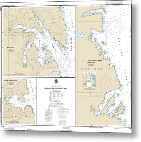 A beuatiful Metal Print of the Nautical Chart-17337 Harbors In Chatham Strait Kelp Bay, Warm Spring Bay, Takatz-Kasnyku Bays - Metal Print by SeaKoast.  100% Guarenteed!