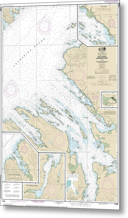 A beuatiful Metal Print of the Nautical Chart-17368 Keku Strait-Northern Part, Including Saginaw-Security Bays-Port Camden, Kake Inset - Metal Print by SeaKoast.  100% Guarenteed!