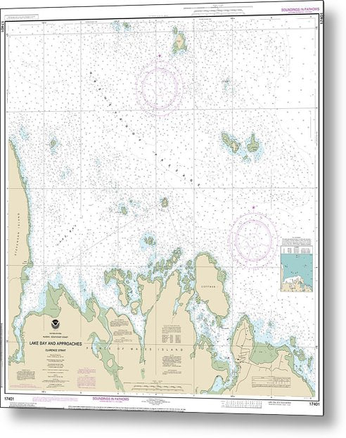 A beuatiful Metal Print of the Nautical Chart-17401 Lake Bay-Approaches, Clarence Str - Metal Print by SeaKoast.  100% Guarenteed!