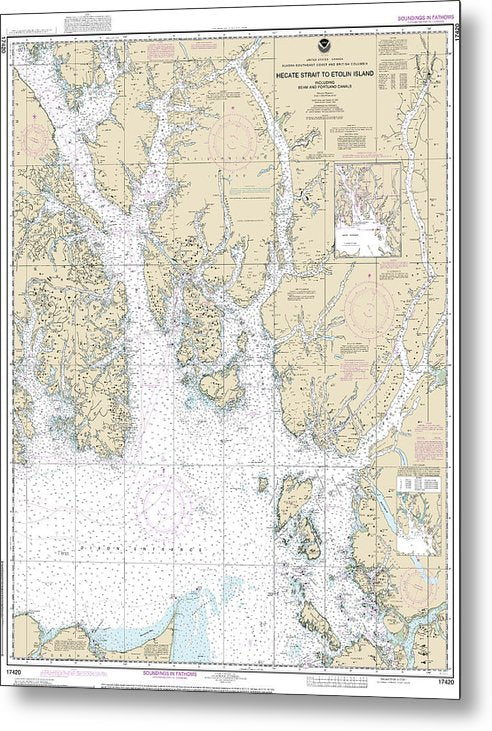 A beuatiful Metal Print of the Nautical Chart-17420 Hecate Strait-Etolin Island, Including Behm-Portland Canals - Metal Print by SeaKoast.  100% Guarenteed!